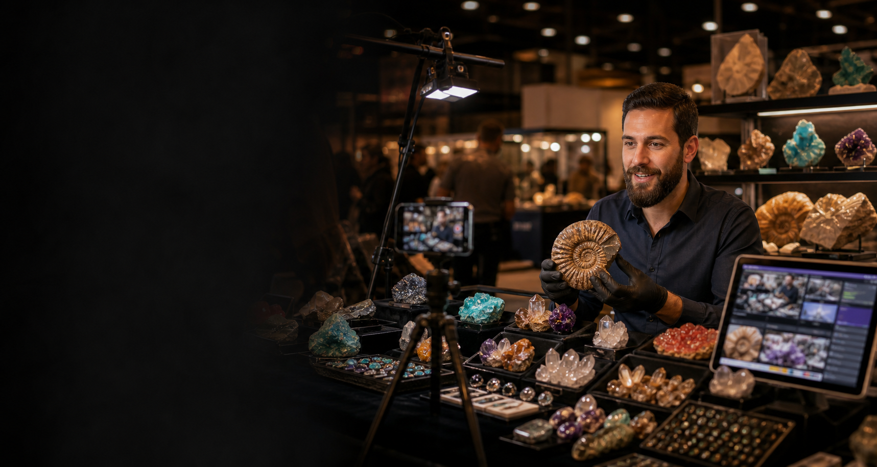 A specimen dealer presenting a fossil during a polished live sale setup at a gem and mineral show.
